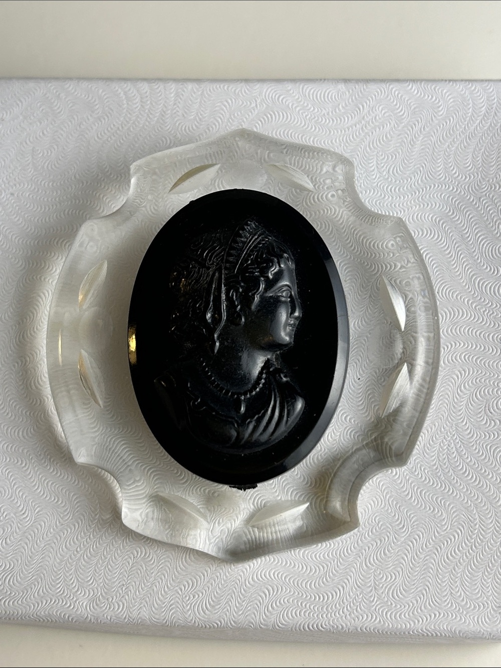 Vintage Large Black Cameo Clear Etched Lucite Brooch Pin